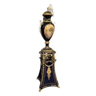 French Sevres-Style Black Porcelain Urn – Victorian Court Scene, Gold Gilding & Ornate Pedestal For Sale