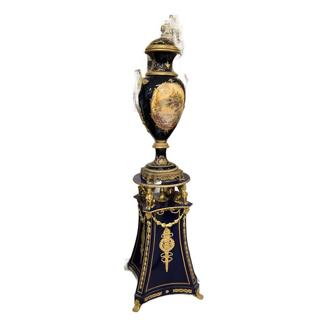 French Sevres-Style Black Porcelain Urn – Victorian Court Scene, Gold Gilding & Ornate Pedestal For Sale
