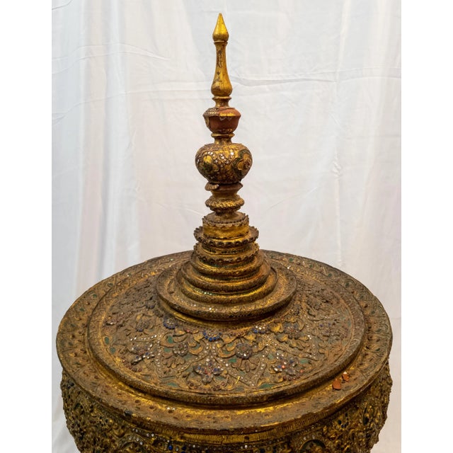 Gold Huge Burmese Gilded Lacquer Offering Bowl in Stupa Form. For Sale - Image 8 of 13
