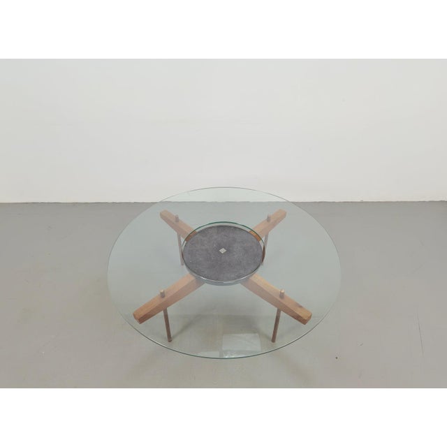 Round Glass Coffee Table with Wood X-Base, 1970 For Sale - Image 9 of 17