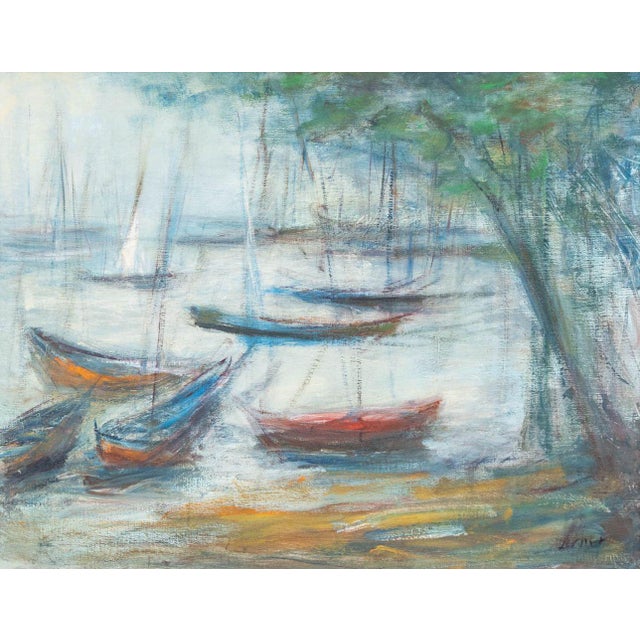 European School, Sailboats Scene, Oil on Canvas, 1977, illegibly signed and dated lower right, wood frame. Image: 21.5" H...