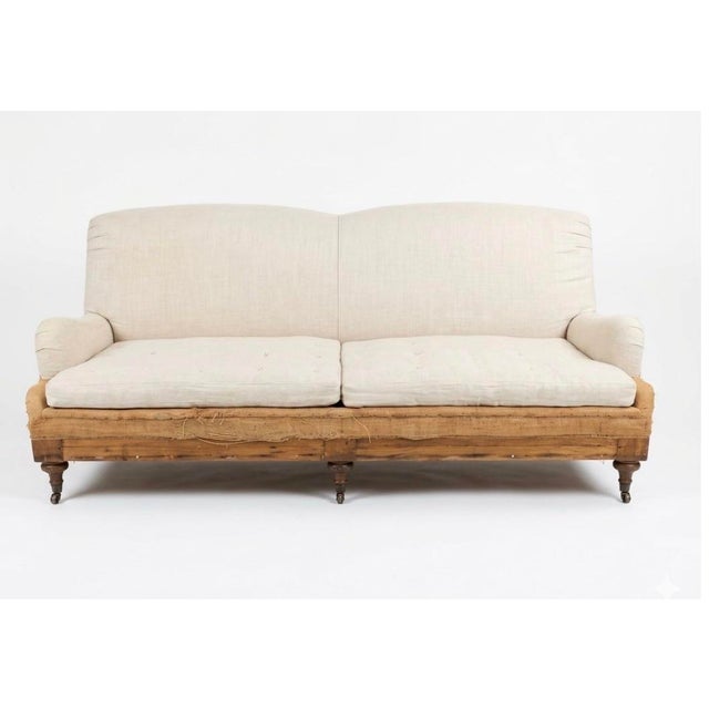 2010s Deconstructed English Roll Arm Solid Wood and Begin Linen Sofa From Retired Restoration Hawrdware Collection For Sale - Image 5 of 5
