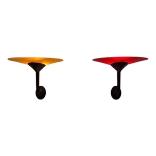 Postmodern Wall Lamps in Red and Yellow Satin Glass with Black Lacquered Metal Structure, Italy, 1980, Set of 2 For Sale