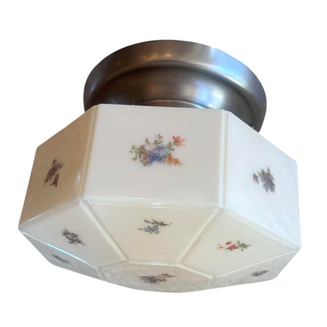 1920 Custard With Painted Botanicals, Octagon Shape Glass Flushmount Fixture on Original Nickel Plated Brass Holder For Sale - Image 4 of 6