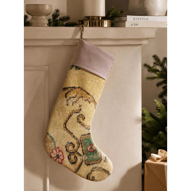 Vintage Kilim Christmas Stocking With Blush Cuff, Cream Scroll Wool, 12.6 X 18.5 in – One of a Kind Decor For Sale - Image 4 of 7