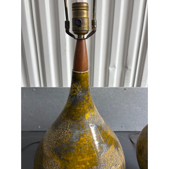 Mid Century 1960s Lava Glaze Yellow Table Lamps- A Pair For Sale - Image 9 of 10