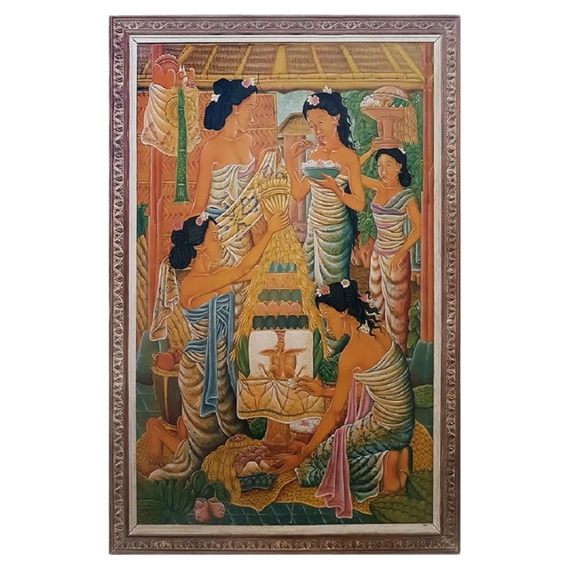 Women from Bali - Original Oil on Fabric by Balinese Artist from Ubud - 1950/60s 1950/60s For Sale