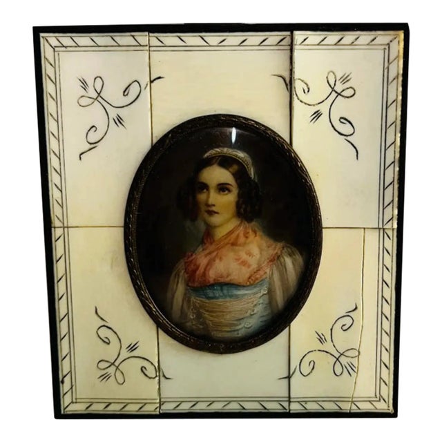 19th Century Hand Painted Portrait in Bone Frame For Sale