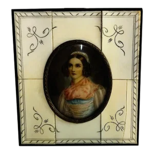 19th Century Hand Painted Portrait in Bone Frame