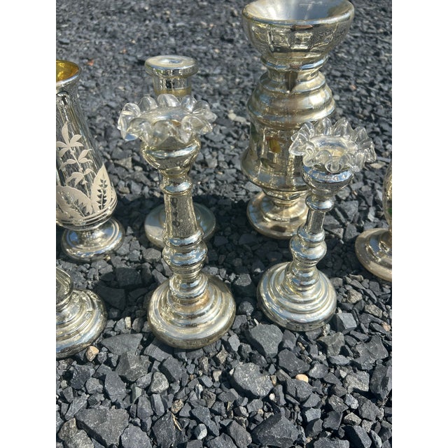 Vintage Mercury Glass Candlesticks and Vases- Set of 10 For Sale - Image 11 of 17