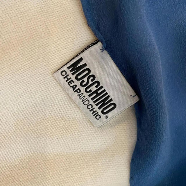 Moschino 1980s Vintage Luxury Is Relative Blue and Gold Silk Italian Foulard by Moschino For Sale - Image 4 of 9