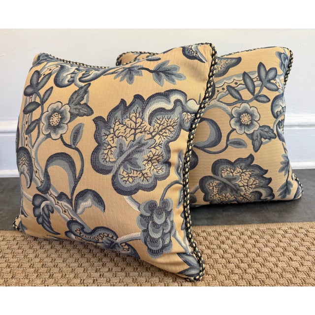 English Jacobean Blue and Tan Pillow Pair With Rope Trim and Down-Filled Inserts For Sale - Image 3 of 5