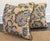 English Jacobean Blue and Tan Pillow Pair With Rope Trim and Down-Filled Inserts For Sale - Image 3 of 5