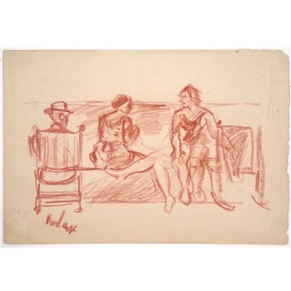 David Burliuk, Modernist Conte Crayon Drawing Beach Scene David Burliuk Russian Futurist, c.1940's For Sale