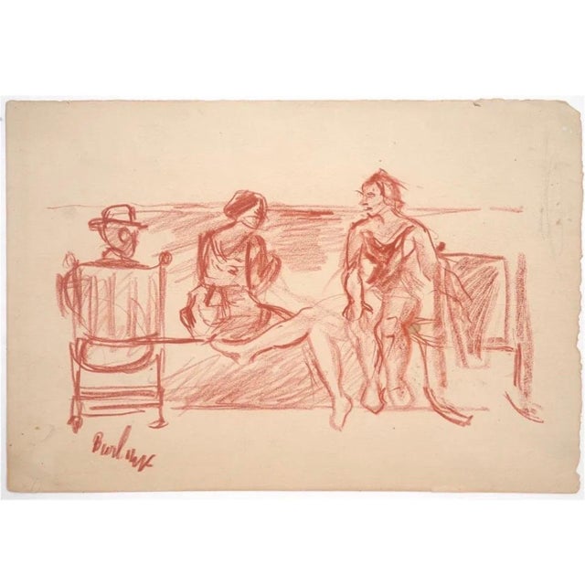 David Burliuk, Modernist Conte Crayon Drawing Beach Scene David Burliuk Russian Futurist, c.1940's For Sale
