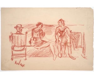 David Burliuk, Modernist Conte Crayon Drawing Beach Scene David Burliuk Russian Futurist, c.1940's