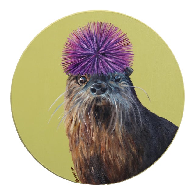Otter's Purple Urchin Crown - Original Surreal Animal Portrait Oil Painting on Wood Panel by Jj Galloway For Sale