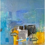 Abstract Contemporary Painting in Blues and Yellows Mixed-Media Titled "Docked" by Michele Zuzalek For Sale