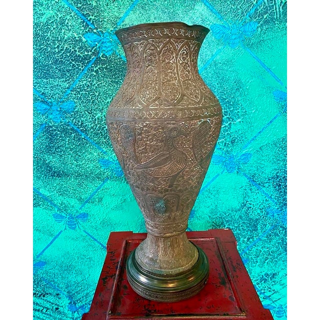 Older Indian Brass Vase With Intricate Engraved Designs Origin: India Age: unknown, guessing 1940s Height: 15 inches...