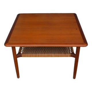 Mid Century Modern Square Danish Teak Coffee Table W/Cane Shelf Attributed to Gunnar Schwartz For Sale