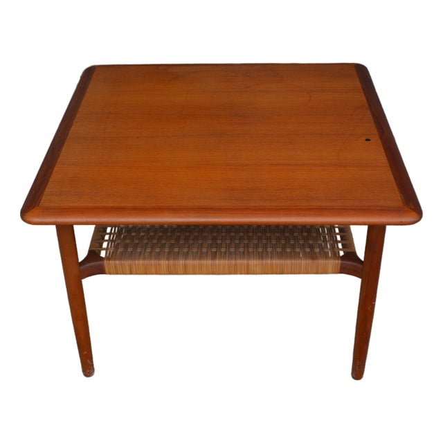 Mid Century Modern Square Danish Teak Coffee Table W/Cane Shelf Attributed to Gunnar Schwartz For Sale