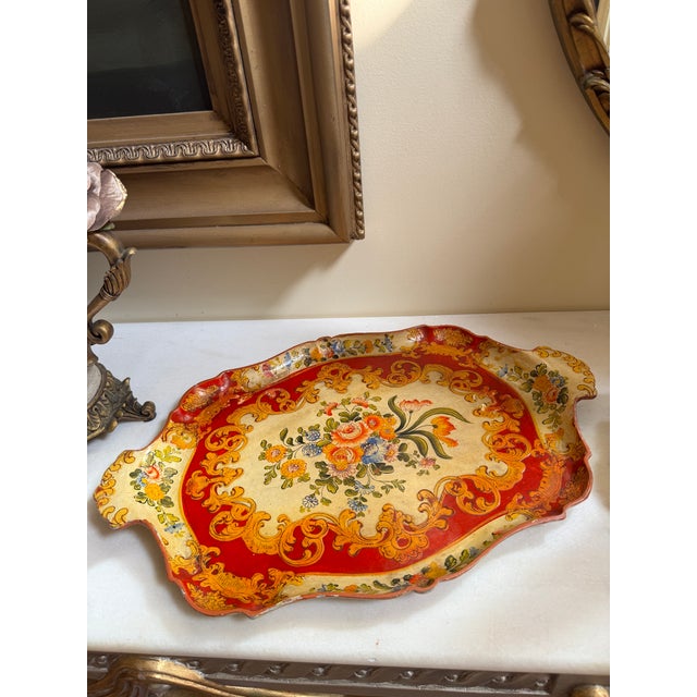 Brick Red Vintage Japanese Lacquered Papier-Mâché Floral Serving Tray, Circa 1940s–1950s For Sale - Image 8 of 8