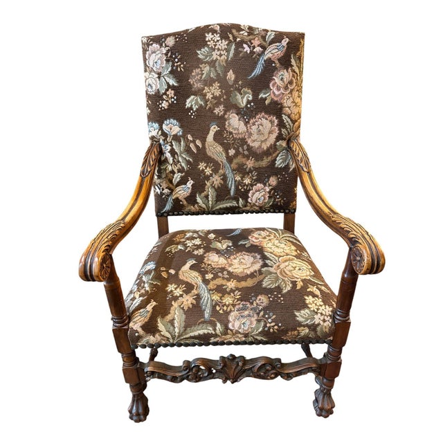 Brown French Walnut Continental Arm Chairs in Vintage Floral Fabric, Pair For Sale - Image 8 of 11