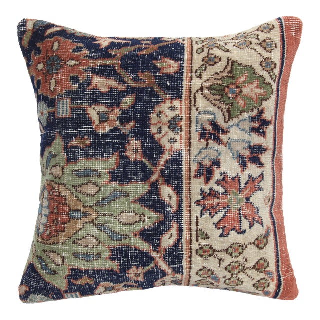 HandWoven Navy Blue & Green Turkish Rug Pillow Cover -20'' X 20'' For Sale