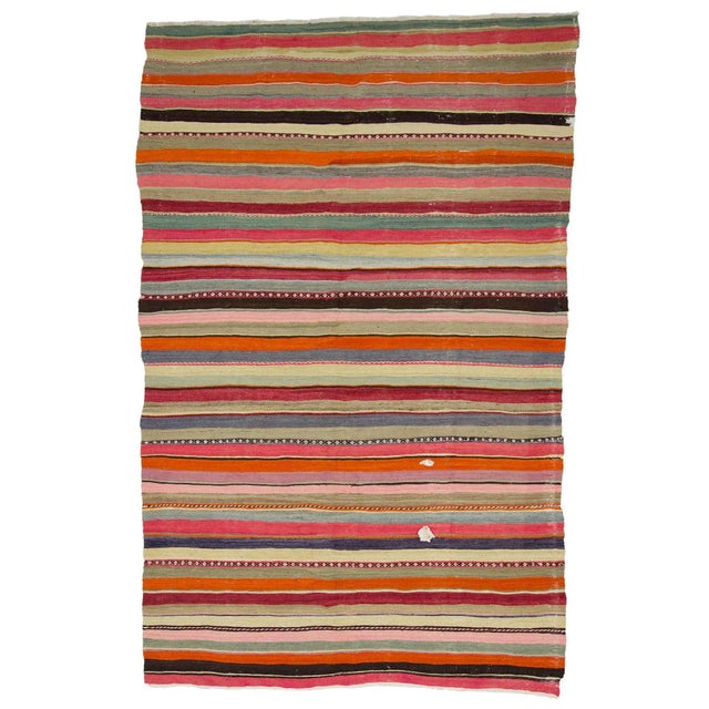 Textile Vintage Colorful Striped Turkish Kilim Rug- 5′6″ × 9′10″ For Sale - Image 7 of 7