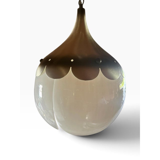 Metal Vintage Mid Century Modern Tulip Milk Glass & Brass Hanging Pendant Lights, Pair For Sale - Image 7 of 10