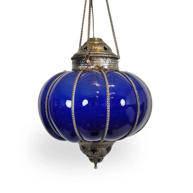 Vintage Blue Glass Pumpkin Pendant Light For Sale - Image 4 of 7