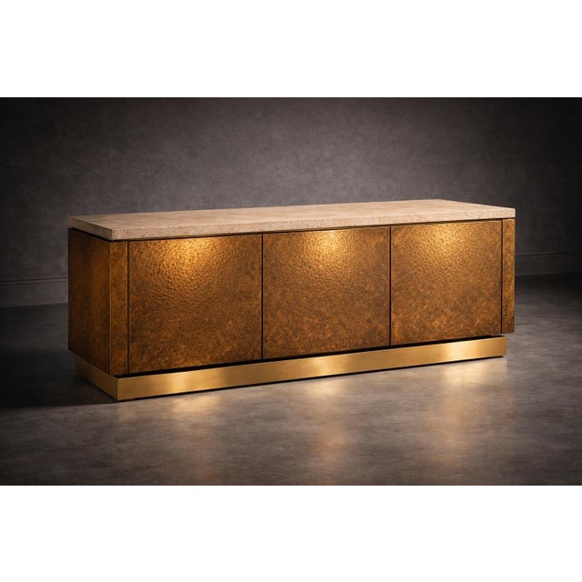 Beige Hand-Hammered Brass Sideboard with Travertine Top from Justfurnituress SRL For Sale - Image 8 of 11
