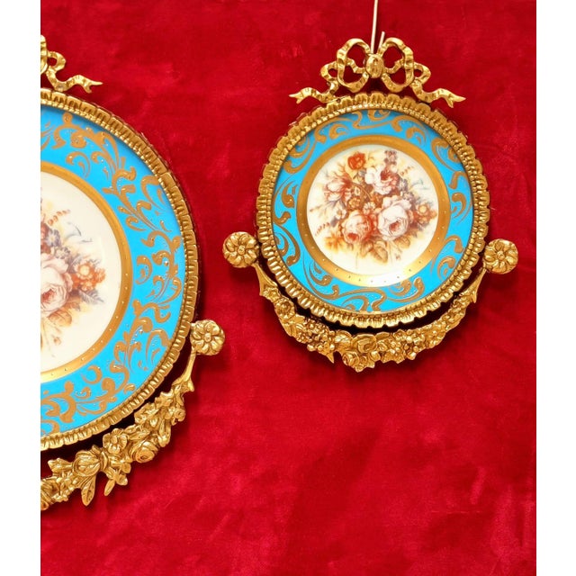 Baroque Set of 3 Baroque Ceramic Sky Blue Wall Art Pieces With Ornate Gold Frames & Floral Artwork For Sale - Image 3 of 4