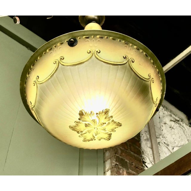 French Art Deco Decorated Glass Hanging Light with Brass Rose, 1930 For Sale - Image 6 of 9