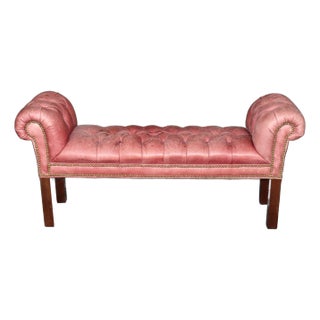 Leather Rolled Arm Tufted Chesterfield Style Mahogany Chippendale Window Bench For Sale