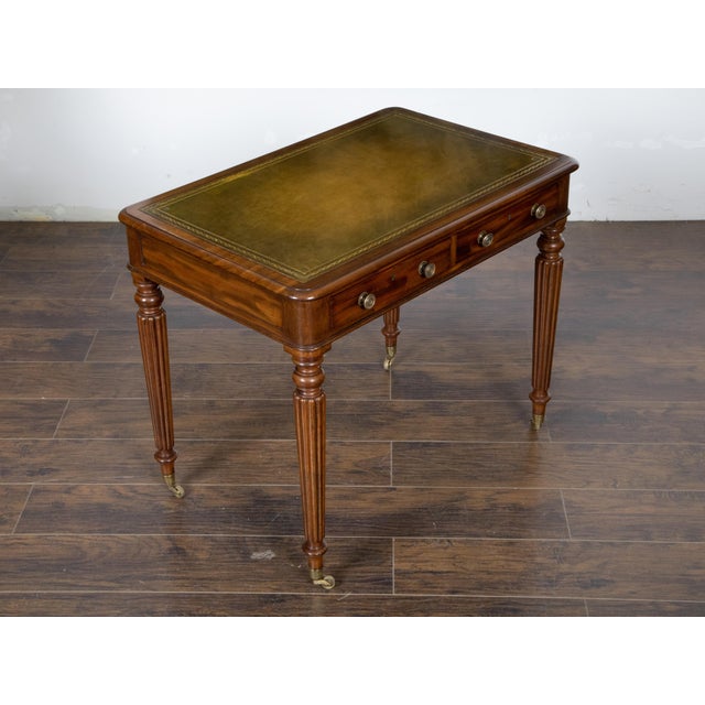 English 19th Century Mahogany Desk with Green Leather Top and Reeded Legs For Sale In Atlanta - Image 6 of 12
