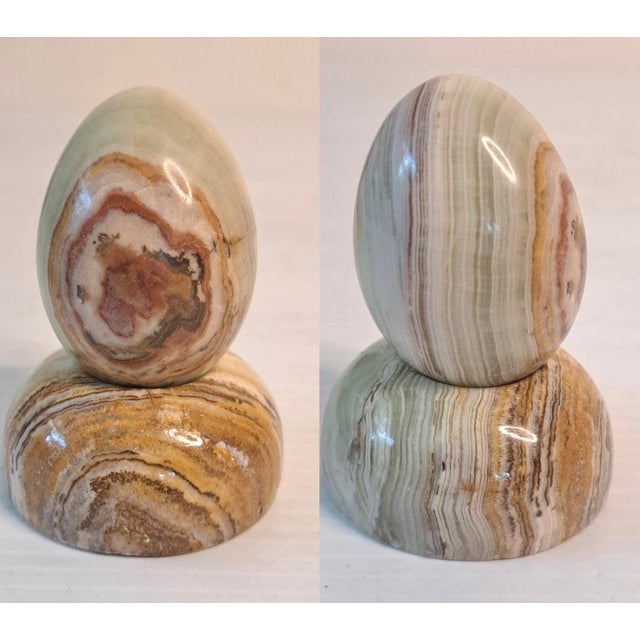 Vintage Carved Soapstone Egg & Rainbow Stone Egg Set of 2 W/ Stands For Sale - Image 10 of 13
