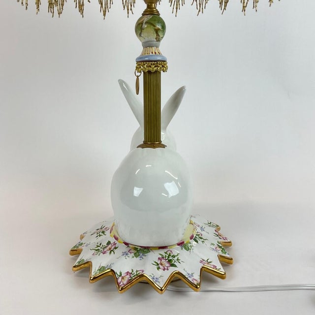 Late 20th Century Late 20th Century MacKenzie-Childs Porcelain Bunny Rabbit Table Lamp With Beaded Fringe Shade For Sale - Image 5 of 7