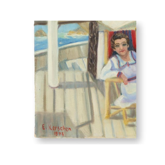 French Nautical Painting of Woman on Sailing Ship For Sale - Image 3 of 4