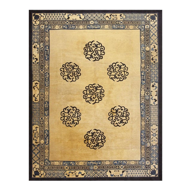 1880s Tan Camel Dragon Medallion Antique Chinese Peking Qing Knotted Wool Rug For Sale
