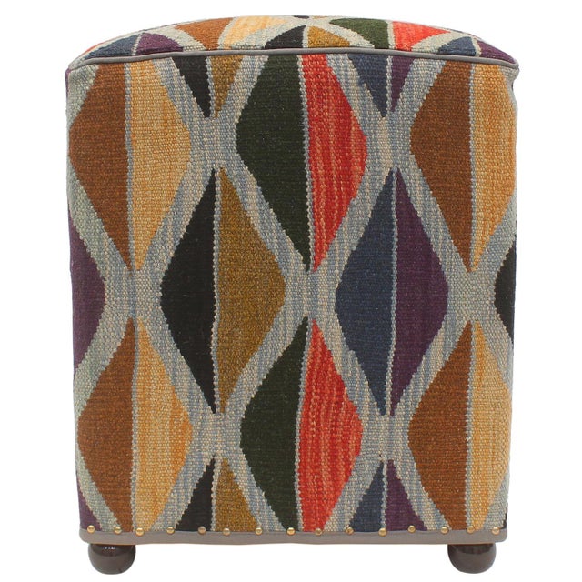 Bohemian Handmade Kilim Upholstered Ottoman For Sale - Image 4 of 9