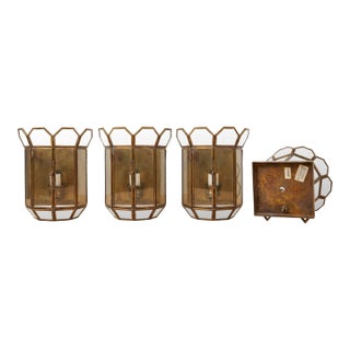 Vintage Brass & Beveled Glass Geometric Wall Lantern Sconces – Set of Four, Ul Listed For Sale