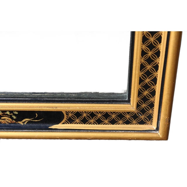 1970's Drexel Heritage Chinoiserie Black and Gold Hand Painted Wall Mirror For Sale - Image 14 of 14