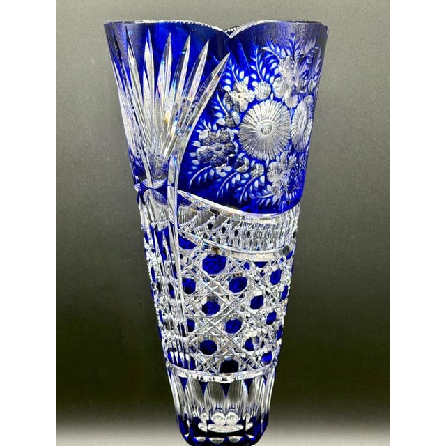 Mid-Century Modern Vintage Crystal Cobalt Blue Overlay Cut Crystal Vase from Meissen, 1960s For Sale - Image 3 of 18