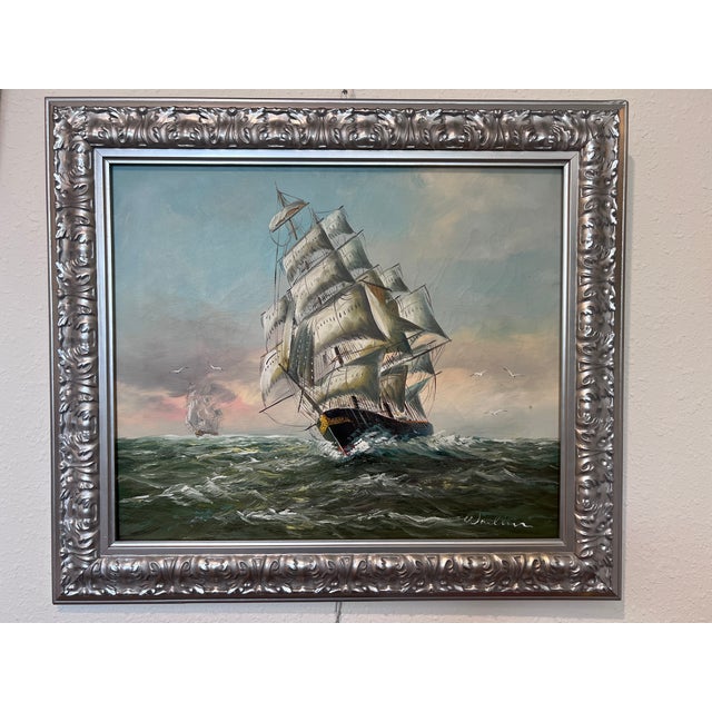 1970s Vintage European Marine Original Oil Painting Tall Ship Seascape Signed Framed For Sale - Image 5 of 7