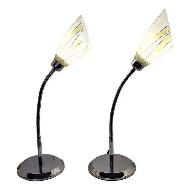 Vintage Adjustable Table Lamps in Chrome-Plated Metal with Patterned Glass Shade, 1980s, Set of 2 For Sale