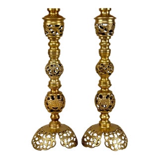 Vintage Large Chinese Brass Dragon Motif Candlestick Holders - a Pair For Sale