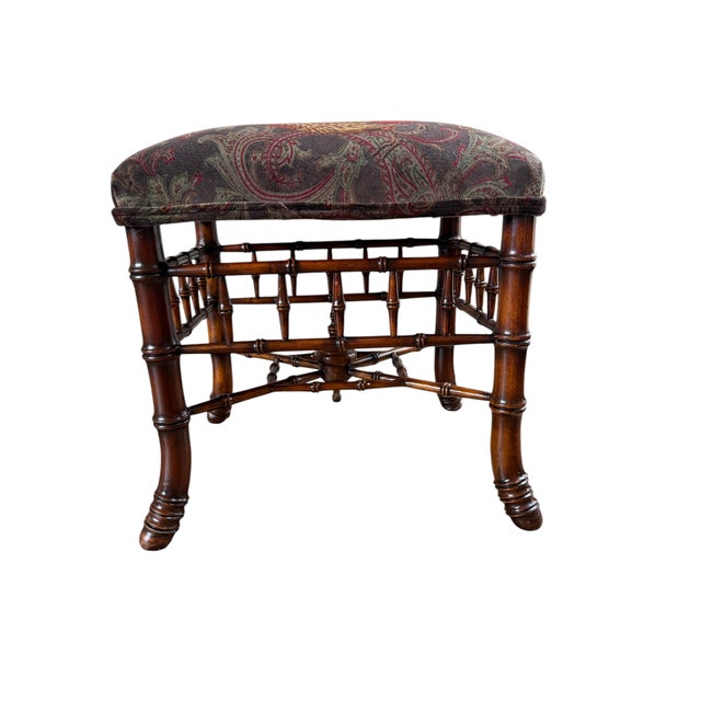 Chinoiserie Vintage Faux Bamboo Stool in Ralph Lauren "Hunting Manor Paisley" Fabric For Sale - Image 3 of 17