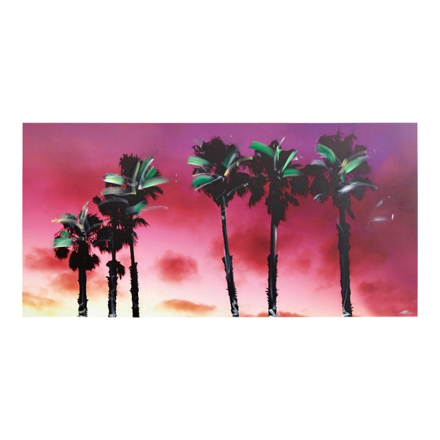 Beach City Palms - Night Hits - Original California Palm Tree Night Scene Acrylic and Photograph on Canvas by Pete Kasprzak For Sale