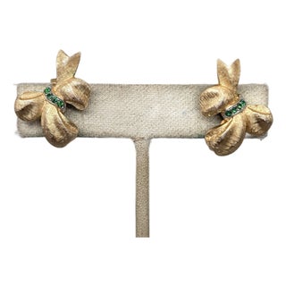 Vintage Signed Crown Trifari Goldtone Faux-Peridot Bow Clip Earrings-2 Pieces For Sale
